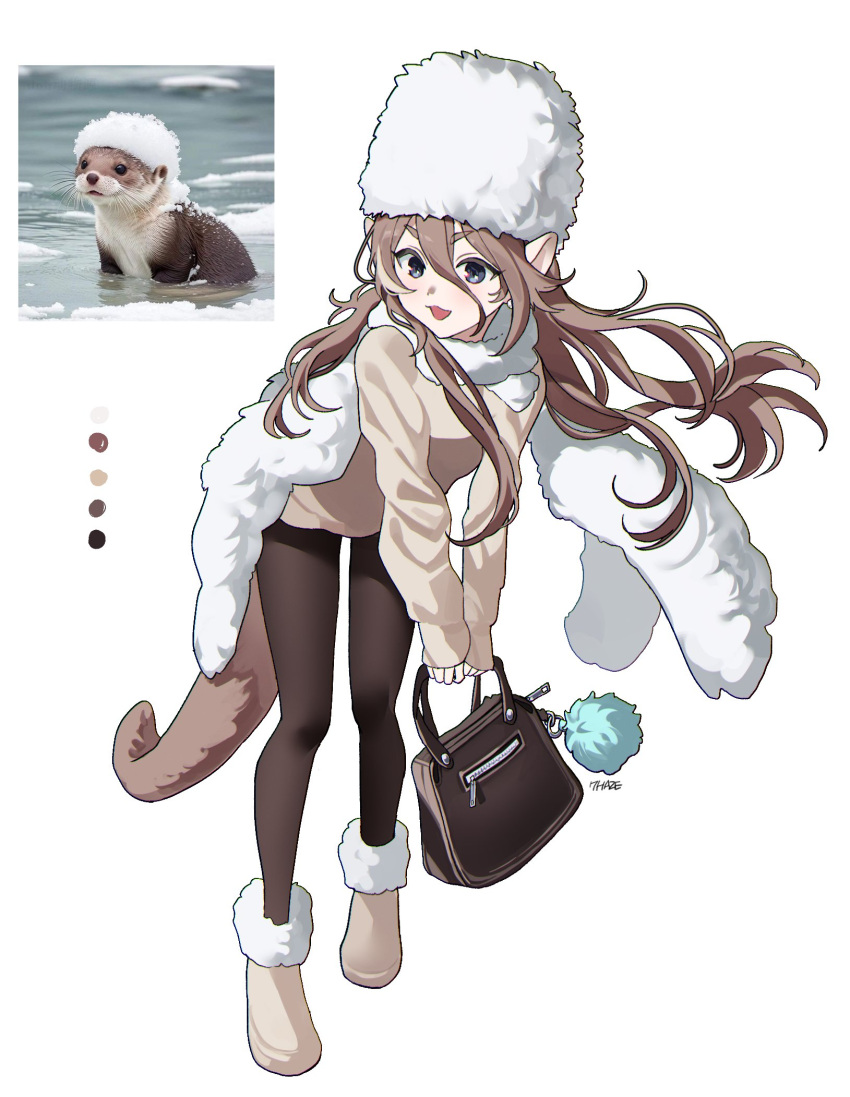 1girl animal_ears bag black_eyes black_pantyhose brown_hair fur-trimmed_footwear fur_hat fur_scarf fur_trim hair_between_eyes hair_spread_out handbag hat highres holding holding_bag humanization long_bangs long_hair long_sleeves looking_at_viewer ohw8g open_mouth original otter otter_ears otter_girl otter_tail pantyhose papakha photo-referenced reference_inset scarf simple_background sleeves_past_wrists solo standing tail v-shaped_eyebrows white_background white_fur white_headwear white_scarf