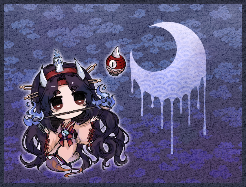 1other androgynous black_hair blue_fire burabura candle_on_head chibi collaboration collaboration_request commentary_request crescent fangs fire ghost_tail gin_no_ha hair_ornament hairband hairclip headband highres horns japanese_clothes kimono len'en long_hair long_sleeves mouth_hold no_nose obi object_on_head other_focus parted_bangs red_eyes red_hairband red_headband red_ribbon ribbon sash skin_fangs taira_no_chouki tassel wavy_hair white_horns white_sash wide_sleeves yellow_kimono