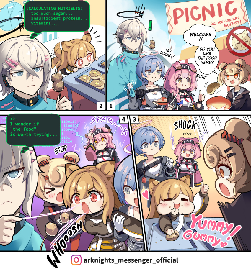 1boy 4girls angry animal_ears arknights bear_ears bear_girl cat_ears cat_girl ceobe_(arknights) cooking dog_ears dog_girl dog_tail doughnut eating english_text executor_(arknights) executor_the_ex_foedere_(arknights) food food_in_mouth food_on_face goldenglow_(arknights) gummy_(arknights) halo highres hm_(hmongt) holding holding_stick meatball multiple_girls official_art scottish_fold speech_bubble spuria_(arknights) steak stick surprised swallowing tail tail_wagging thinking