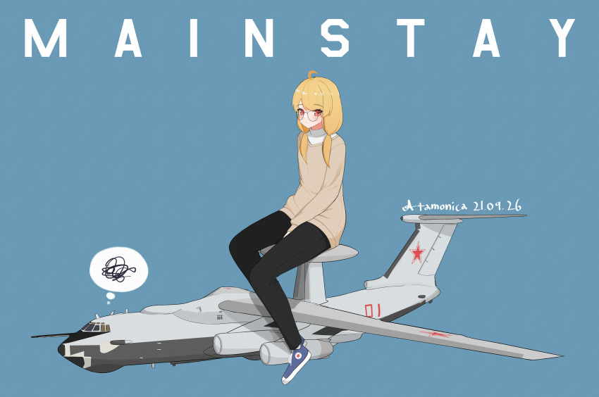 1girl a-50_mainstay aircraft artist_name atamonica blonde_hair blue_background blush brown_sweater closed_mouth dated expressionless full_body glasses highres jet_engine long_hair long_sleeves looking_at_viewer military military_vehicle original radar_dish red_eyes rimless_eyewear simple_background sitting solo sweater thought_bubble vehicle_name