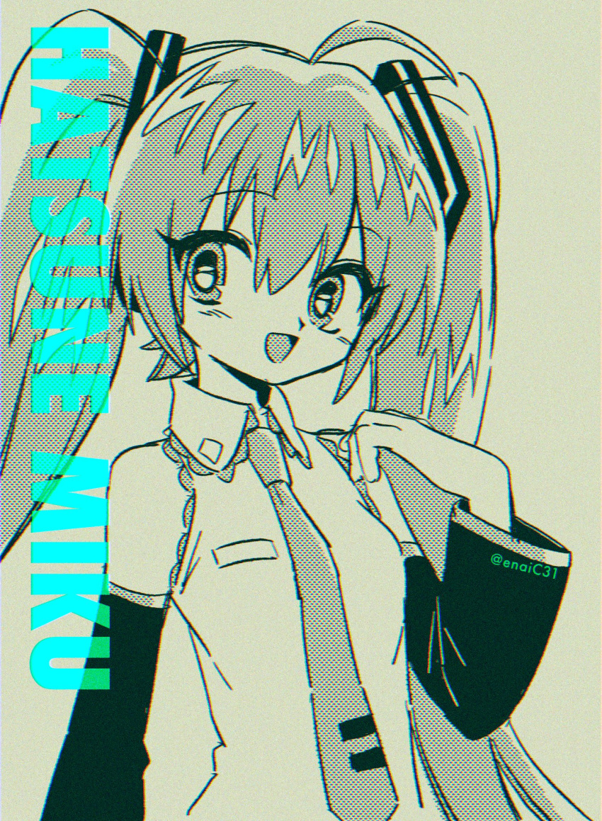 39 black_sleeves crypton_future_media detached_sleeves grey_background hatsune_miku headset highres long_hair looking_at_viewer menma_(enaic31) necktie open_mouth piapro smile twintails very_long_hair vocaloid