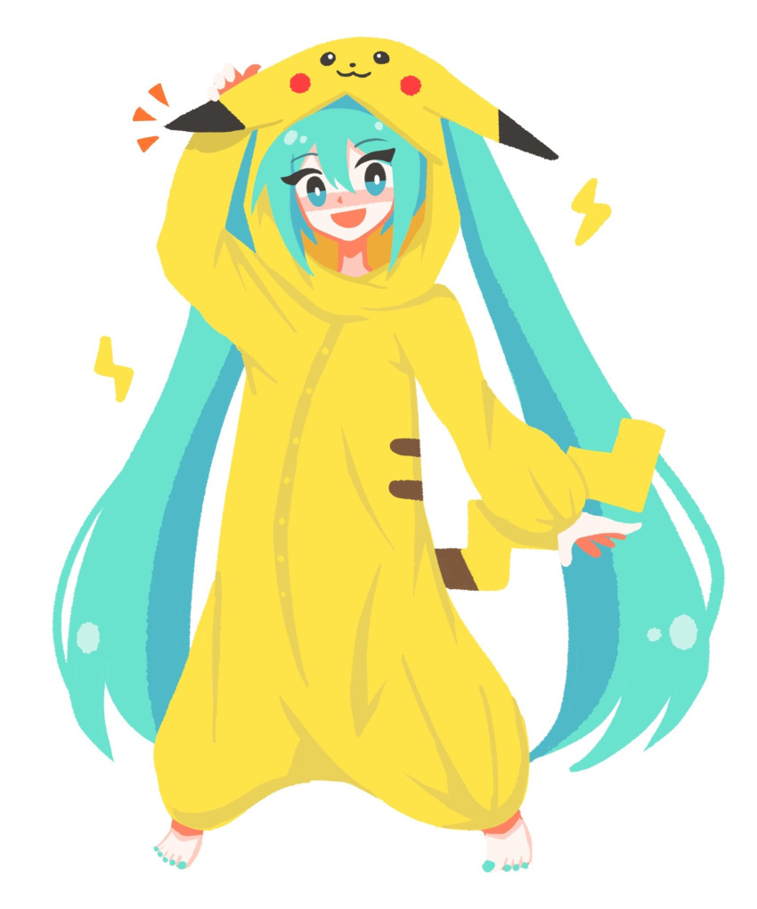 1girl aqua_eyes aqua_hair aqua_nails barefoot blush buttons cosplay flat_color hatsune_miku highres lightning_bolt_symbol long_hair looking_at_viewer misoni_(mi-soni) open_mouth pikachu pikachu_(cosplay) pikachu_costume pikachu_ears pikachu_tail pokemon pokemon_ears pokemon_tail simple_background smile solo standing tail twintails very_long_hair vocaloid white_background