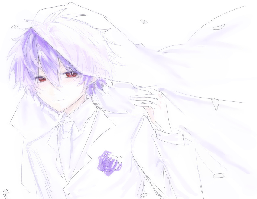 1boy absurdres alternate_costume closed_mouth collarbone commentary_request flower groom hair_between_eyes highres jacket long_sleeves male_focus necktie purple_flower purple_hair purple_rose red_eyes rose saibou_shinkyoku see-through_veil shirt short_hair smile solo theodore_riddle veil white_background white_jacket white_necktie white_petals white_shirt white_veil zhi_chuang_wangzi