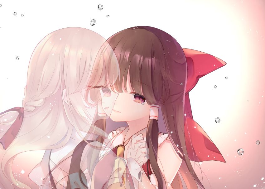 2girls ascot blonde_hair bow braid brown_hair cacao_(cacaomgmg) closed_eyes closed_mouth commentary_request detached_sleeves fading ghost hair_bow hair_tubes hakurei_reimu highres holding_hands interlocked_fingers kirisame_marisa long_hair multiple_girls no_headwear red_bow red_eyes side_braid tears touhou yellow_ascot