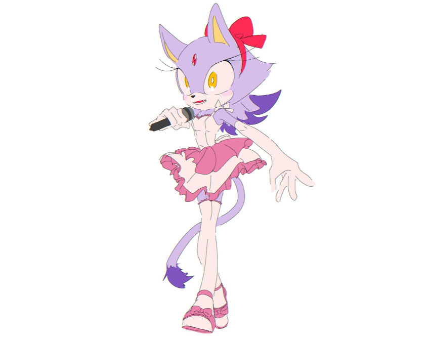 1girl animal_ears blaze_the_cat bow cat_ears cat_girl cat_tail dress forehead_jewel furry furry_female hair_bow hair_down highres holding holding_microphone microphone purple_fur simple_background sonic_(series) tail thigh-highs white_background white_thighhighs yamimatsu7 yellow_eyes