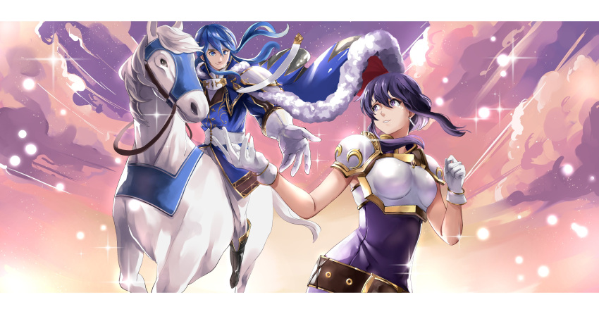 1boy 1girl absurdres armor beckoning black_hair blue_cape blue_hair breastplate cape clouds commission commissioner_upload crying crying_with_eyes_open fire_emblem fire_emblem:_genealogy_of_the_holy_war gloves happy happy_tears headband highres horse horseback_riding larcei_(fire_emblem) looking_at_another open_hand outstretched_arm outstretched_hand purple_tunic reaching reins riding saddle seliph_(fire_emblem) short_hair shoulder_armor sky smile tearing_up tears tunic white_headband white_horse xiiicaelum