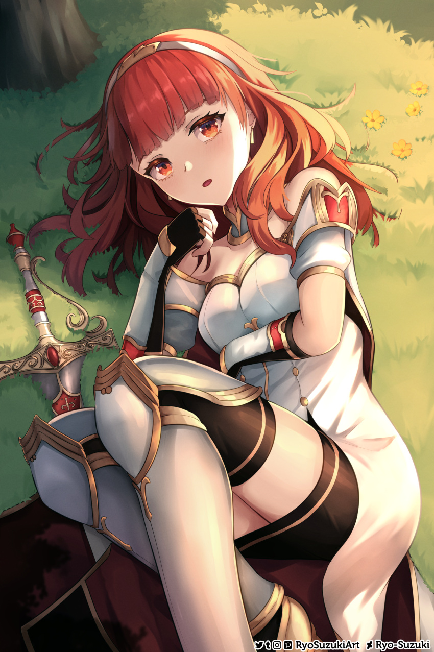 1girl absurdres armor armored_boots bare_shoulders black_gloves boots celica_(fire_emblem) deviantart_logo deviantart_username dress earrings fingerless_gloves fire_emblem fire_emblem_echoes:_shadows_of_valentia flower gloves hairband highres instagram_logo jewelry long_hair looking_at_viewer lying on_side pixiv_logo red_eyes redhead ryo-suzuki solo sword thigh-highs tiara tumblr_logo twitter_logo twitter_username weapon white_dress zettai_ryouiki