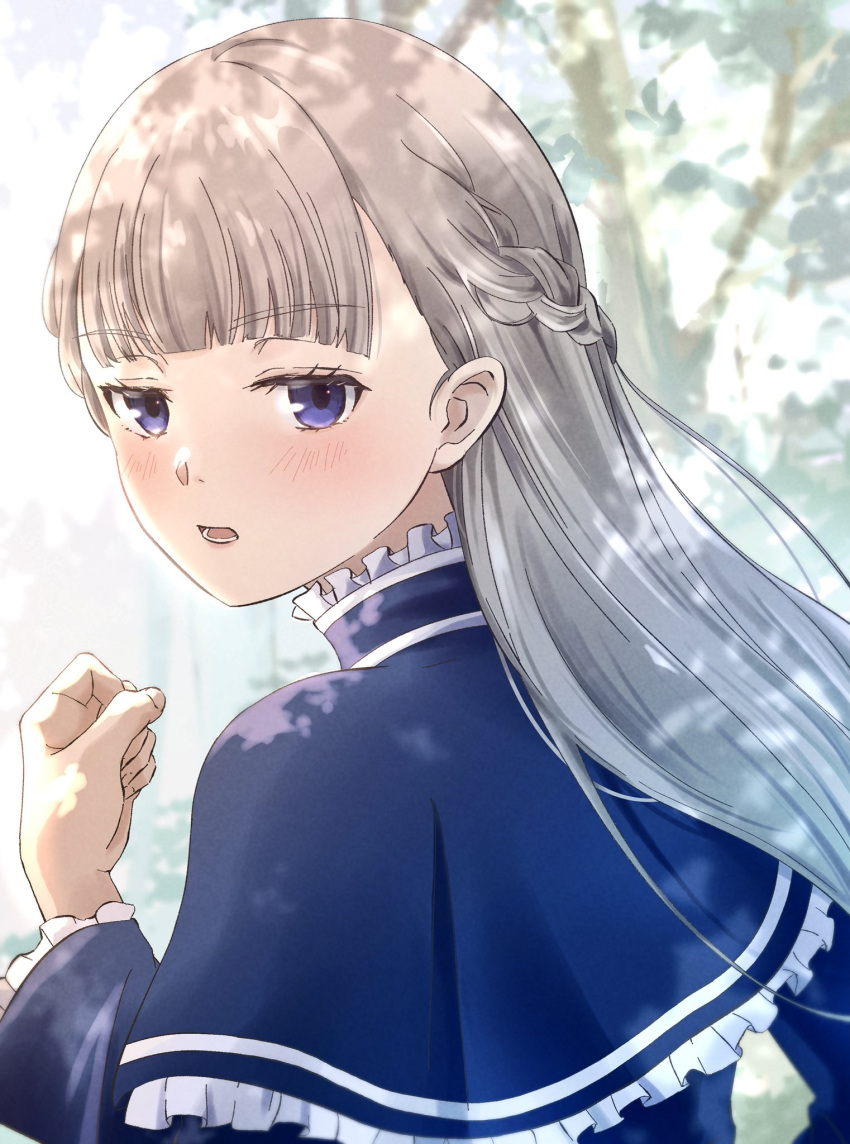 1girl blue_capelet blue_eyes blunt_bangs blush braid capelet collar commentary_request dappled_sunlight day french_braid frilled_capelet frilled_collar frills from_behind grey_hair hand_up highres lawine_(sousou_no_frieren) long_hair looking_at_viewer looking_back omichi_1219 open_mouth outdoors solo sousou_no_frieren sunlight upper_body