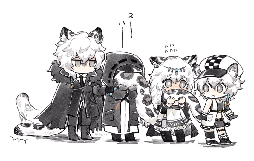 1boy 1other 2girls animal_ear_fluff animal_ears annoyed arknights black_coat black_footwear black_jacket black_necktie black_shirt black_shorts blush bright_pupils cabbie_hat chibi cliffheart_(arknights) coat commentary_request doctor_(arknights) earrings embarrassed empty_eyes fur-trimmed_coat fur_trim grey_eyes hat head_chain highres holding_another's_tail holding_own_tail hood hood_up hooded_jacket jacket jealous jewelry leopard_boy leopard_ears leopard_tail mask multiple_girls necktie nervous pramanix_(arknights) shirt shorts silverash_(arknights) simple_background sleeveless sleeveless_jacket smelling soppos surprised tail tail_slapping tassel tassel_earrings translated white_background white_hair white_headwear white_jacket white_pupils