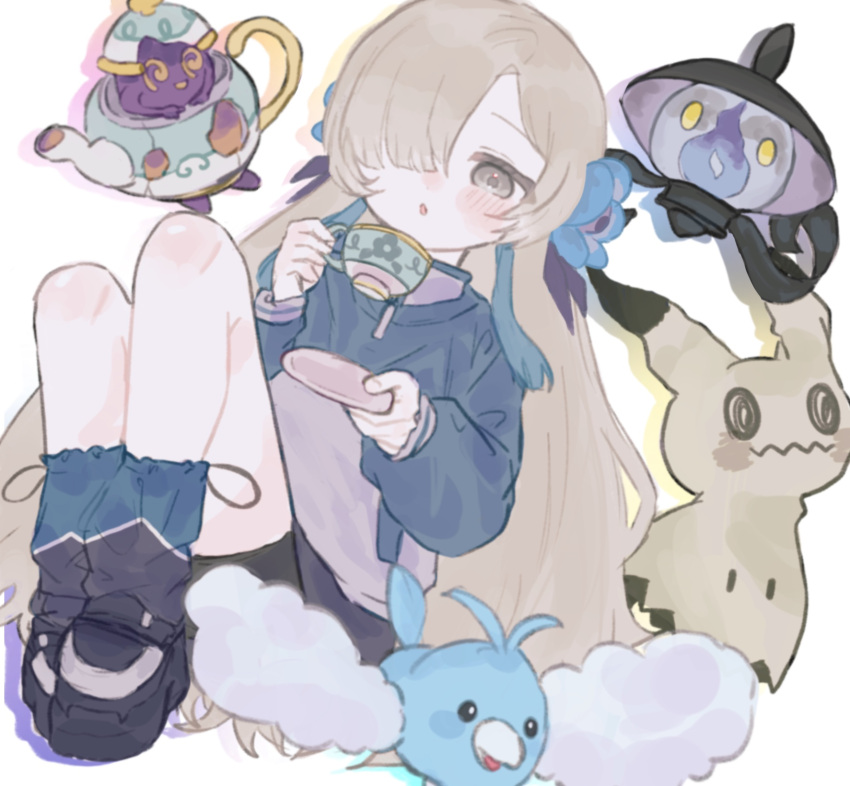 1girl :o bike_shorts blue_flower blue_hair blush character_request cup faoru_ofuton flower grey_eyes grey_hair hair_flower hair_ornament hair_over_one_eye highres holding holding_cup isekai_joucho jacket kamitsubaki_studio long_hair looking_at_viewer mimikyu multicolored_hair pokemon pokemon_(creature) saucer shoes simple_background sitting sneakers teacup track_jacket two-tone_hair very_long_hair virtual_youtuber white_background