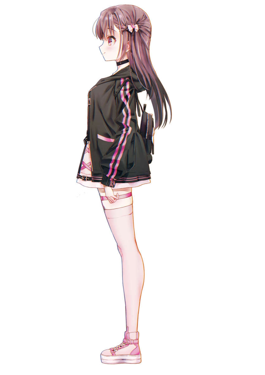 1girl arm_at_side black_choker black_jacket blush bow brown_hair choker closed_mouth commentary from_side full_body hair_between_eyes hair_bow hair_ornament high-waist_skirt highres hood hood_down hooded_jacket jacket jirai_kei long_hair looking_afar natsuoto_rito open_clothes open_jacket original pink_footwear pink_skirt pink_thighhighs profile red_eyes shoes simple_background skirt sleeves_past_wrists smile sneakers standing straight_hair tachi-e thigh-highs thigh_strap two_side_up white_background white_bow x_hair_ornament zettai_ryouiki zipper