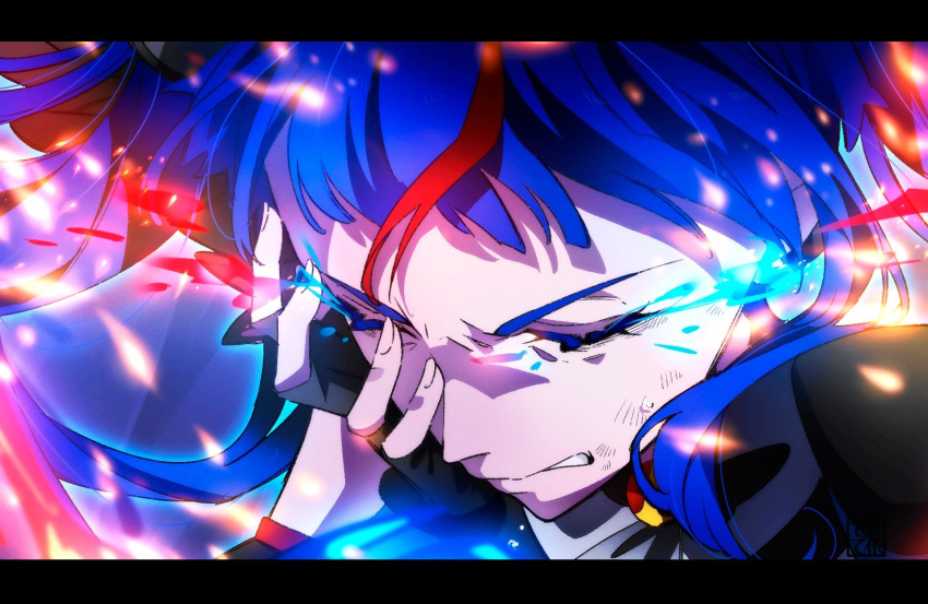 1girl aoi_tete artist_logo black_gloves black_wings blue_hair brooch closed_eyes closed_mouth commentary cure_sky cut_bangs dark_cure_sky dark_persona detached_sleeves embers feathered_wings fingerless_gloves frown gloves glowing glowing_eyes hand_on_own_face highres hirogaru_sky!_precure jewelry letterboxed long_hair magical_girl multicolored_hair precure puffy_detached_sleeves puffy_sleeves solo sora_harewataru streaked_hair sweat twintails wing_brooch wings