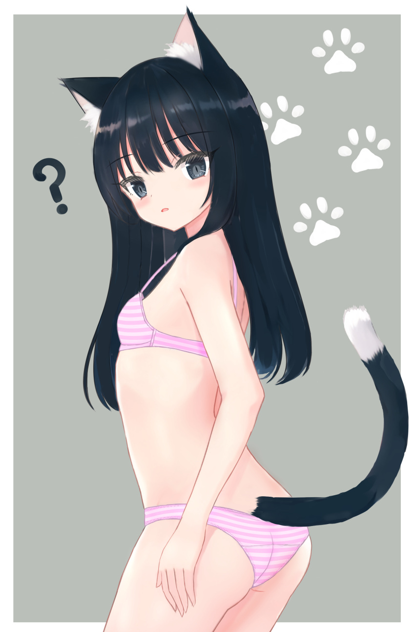 1girl ? absurdres animal_ears ass back black_hair bra breasts cat_ears cat_girl cat_tail commentary crotch_seam from_behind grey_background highres long_hair looking_at_viewer looking_back original panties parted_lips paw_print pink_bra pink_panties shooko simple_background small_breasts solo standing striped_bra striped_clothes striped_panties tail underwear