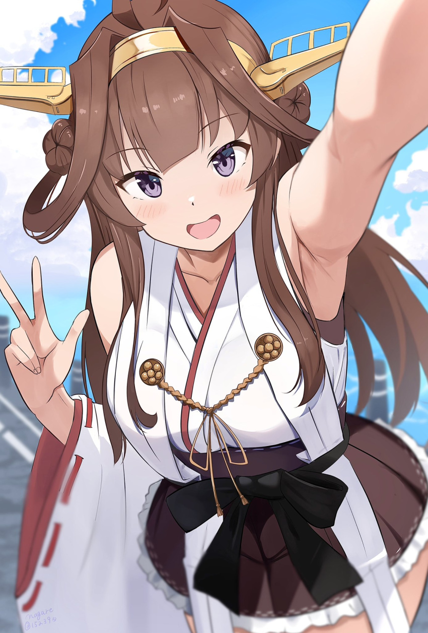 1girl ahoge arm_up armpits bare_shoulders blush breasts brown_hair day detached_sleeves double_bun hair_bun hair_ornament hairband headgear highres japanese_clothes kantai_collection kongou_(kancolle) kongou_kai_ni_(kancolle) large_breasts long_hair looking_at_viewer nagare_(flow) nontraditional_miko open_mouth outdoors skirt smile solo thigh-highs v