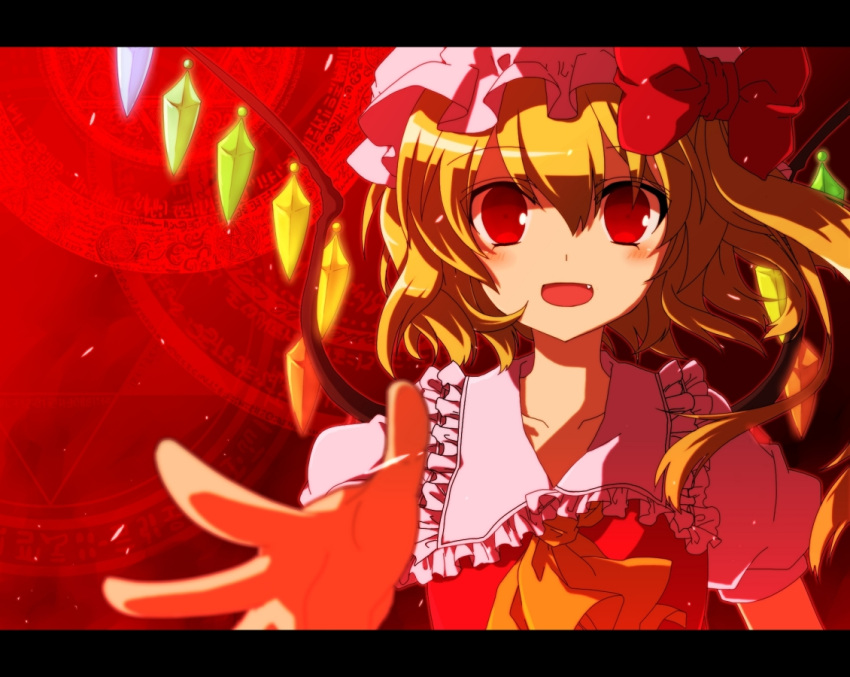 1girl ascot blonde_hair bow collarbone collared_shirt crystal fang flandre_scarlet frilled_shirt_collar frills hat hat_bow looking_at_viewer mob_cap momoiro multicolored_wings one_side_up open_mouth outstretched_arm outstretched_hand puffy_short_sleeves puffy_sleeves red_background red_bow red_eyes red_theme red_vest shirt short_sleeves simple_background solo touhou upper_body vest wings yellow_ascot