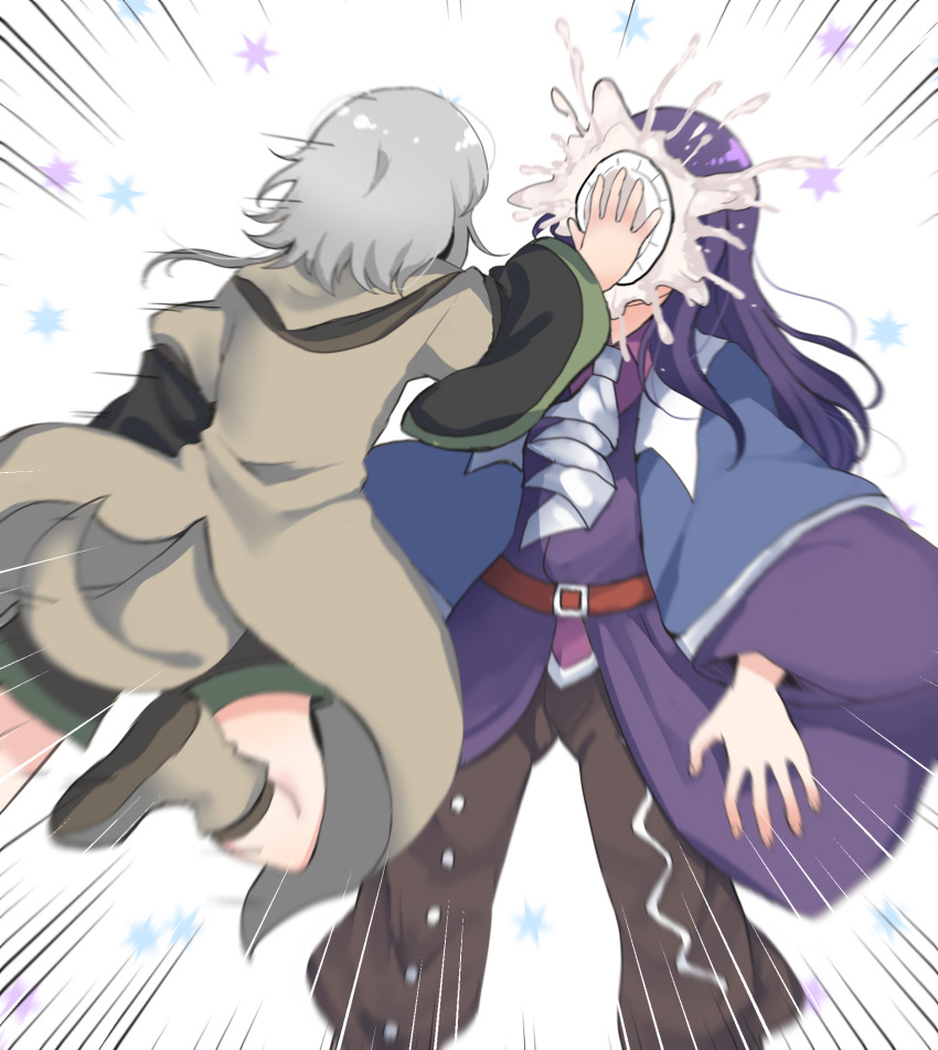 2others androgynous ascot belt black_shirt black_shorts blue_capelet brown_coat brown_footwear brown_pants capelet clause_(len'en) coat collared_shirt commentary_request emphasis_lines green_trim grey_hair highres houlen_yabusame in_the_face layered_sleeves len'en long_hair long_sleeves motion_blur multiple_others other_focus ougi_hina pants pie_in_face pink_shirt puffy_short_sleeves puffy_sleeves purple_coat purple_hair red_belt shirt short_hair short_over_long_sleeves short_sleeves shorts white_ascot white_trim wide_sleeves