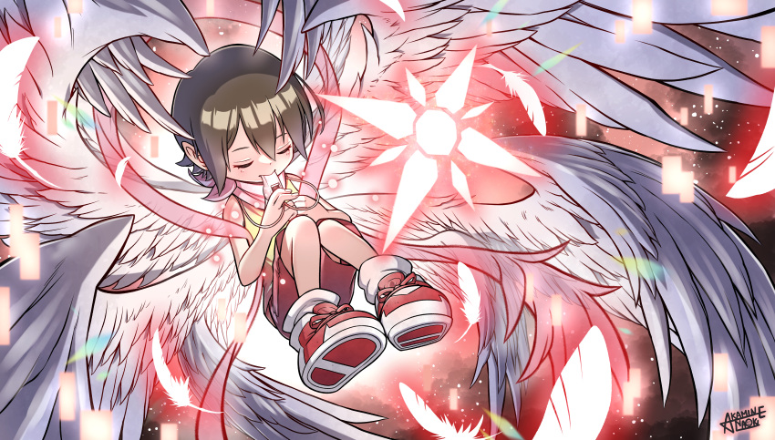 1girl absurdres akamine_naoki angel_wings angewomon artist_name blowing_whistle brown_hair closed_eyes digimon digimon_(creature) digimon_adventure digimon_crest feathered_wings feathers gradient_background highres holding holding_whistle multiple_wings shawl shirt short_hair shorts whistle whistle_around_neck wings yagami_hikari