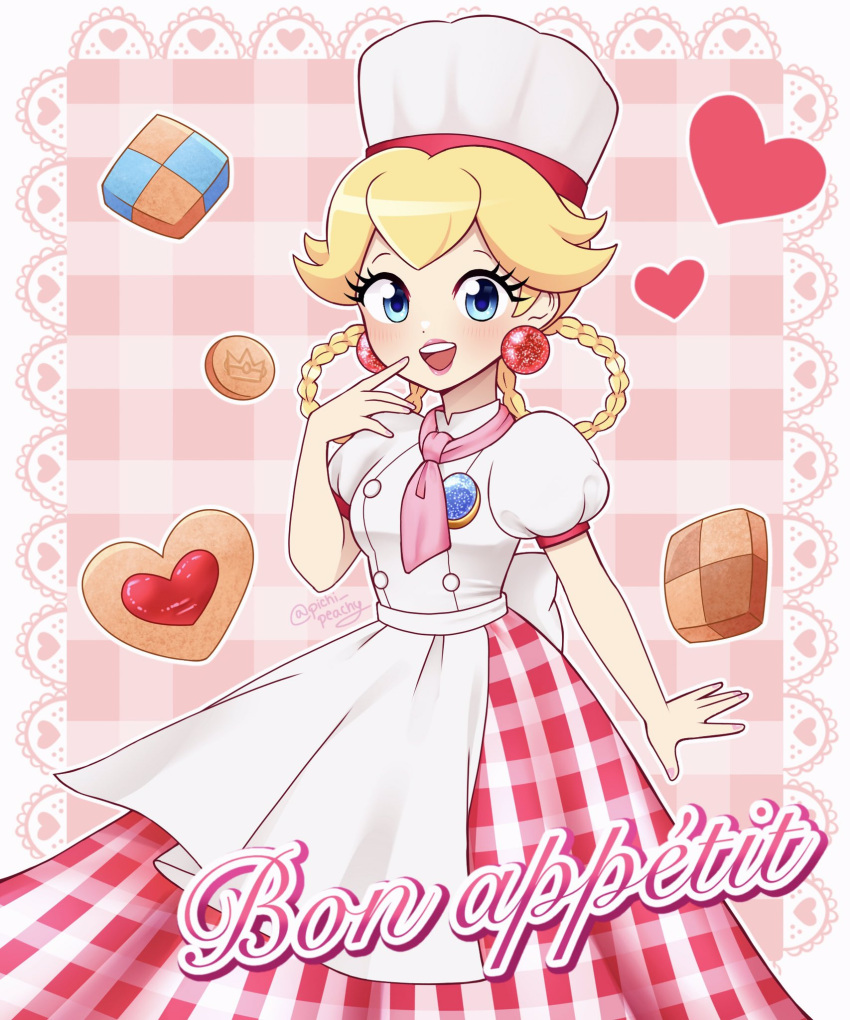 1girl apron blonde_hair blue_eyes braided_hair_rings brooch chef_hat cookie finger_to_mouth food french_text hat heart highres jewelry looking_at_viewer official_alternate_costume open_mouth patissiere_peach pichi_peachy pink_background pink_skirt plaid plaid_background plaid_skirt princess_peach princess_peach:_showtime! puffy_short_sleeves puffy_sleeves shirt short_sleeves skirt solo super_mario_bros. teeth upper_teeth_only white_apron white_headwear white_shirt