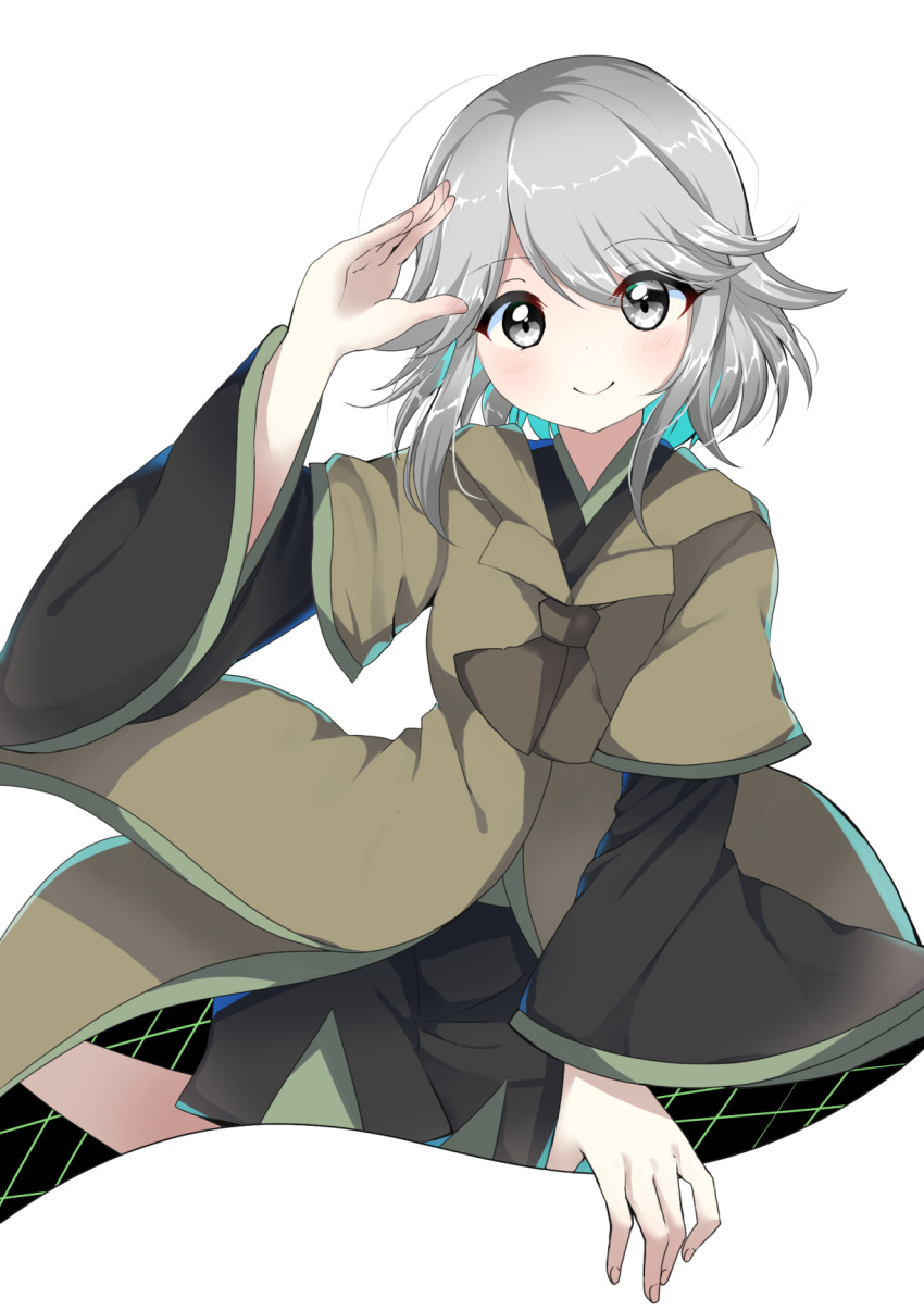 1girl arm_up ascot black_kimono black_shorts breasts brown_ascot brown_coat closed_mouth coat commentary_request genderswap genderswap_(otf) green_trim grey_eyes grey_hair highres houlen_yabusame japanese_clothes kimono layered_sleeves len'en long_sleeves looking_at_viewer medium_breasts medium_hair ougi_hina portal_(object) puffy_short_sleeves puffy_sleeves short_over_long_sleeves short_sleeves shorts simple_background smile solo white_background wide_sleeves