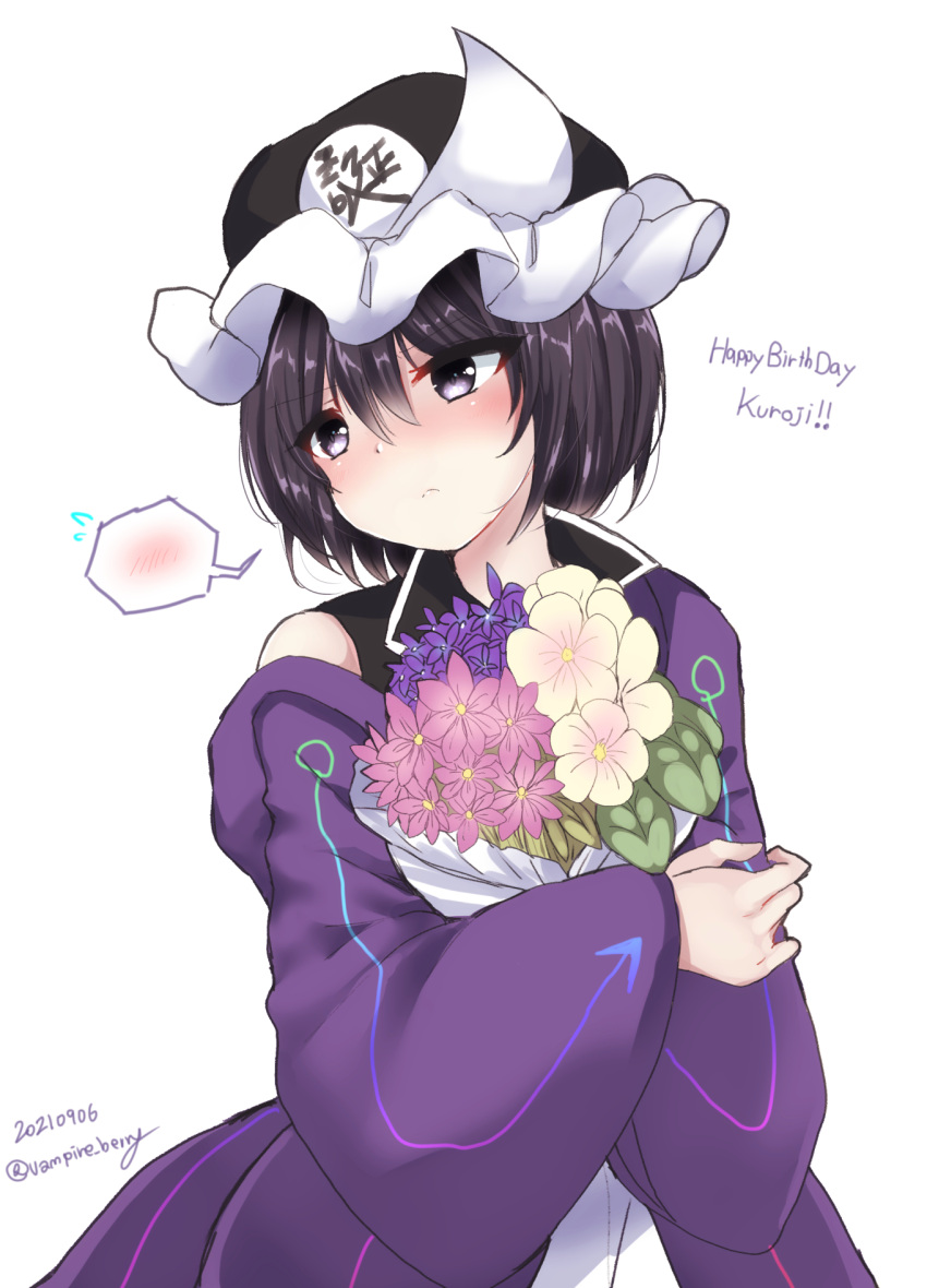 1other androgynous black_headwear black_shirt blush bouquet closed_mouth coat collared_shirt commentary_request dated english_text frown happy_birthday hat highres holding holding_bouquet len'en long_sleeves mob_cap other_focus ougi_hina purple_coat purple_hair shirt shitodo_kuroji short_hair solo spoken_blush twitter_username violet_eyes wide_sleeves