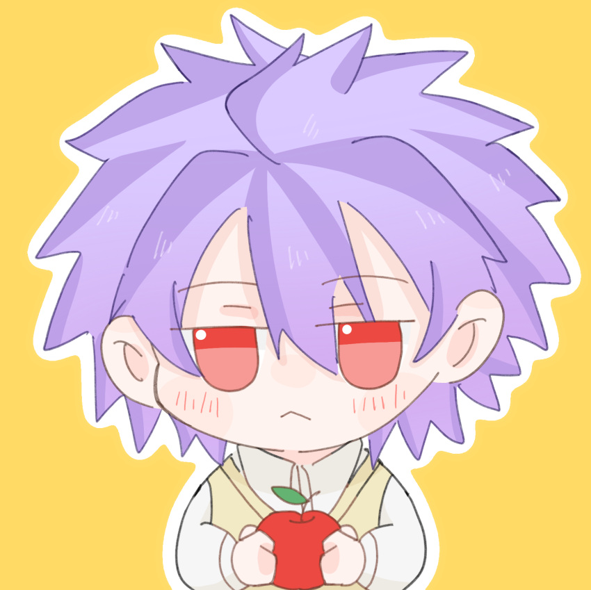 1boy :&lt; amepliot apple chibi chinese_commentary closed_mouth collared_shirt commentary_request food fruit hair_between_eyes highres holding holding_food holding_fruit long_sleeves male_focus outline purple_hair red_eyes saibou_shinkyoku shirt short_hair simple_background solo sweater_vest theodore_riddle white_outline white_shirt yellow_background yellow_sweater_vest