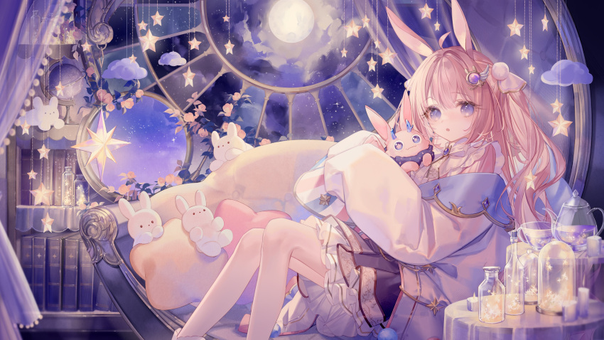 1girl :o absurdres ahoge animal_ears blue_eyes bookshelf bow bowtie brooch coat commentary commission couch dress from_side hair_between_eyes hair_ornament highres holding indie_virtual_youtuber indoors jewelry knees_up layered_dress long_hair looking_at_viewer lua_rabistella moon night night_sky no_pupils on_couch open_mouth pink_hair pink_shirt rabbit_ears shirt sitting skirt sky sleeves_past_fingers sleeves_past_wrists solo star_(sky) star_(symbol) star_in_eye starry_sky stuffed_animal stuffed_toy symbol_in_eye virtual_youtuber white_bow white_bowtie white_coat window yoggi_(stretchmen)