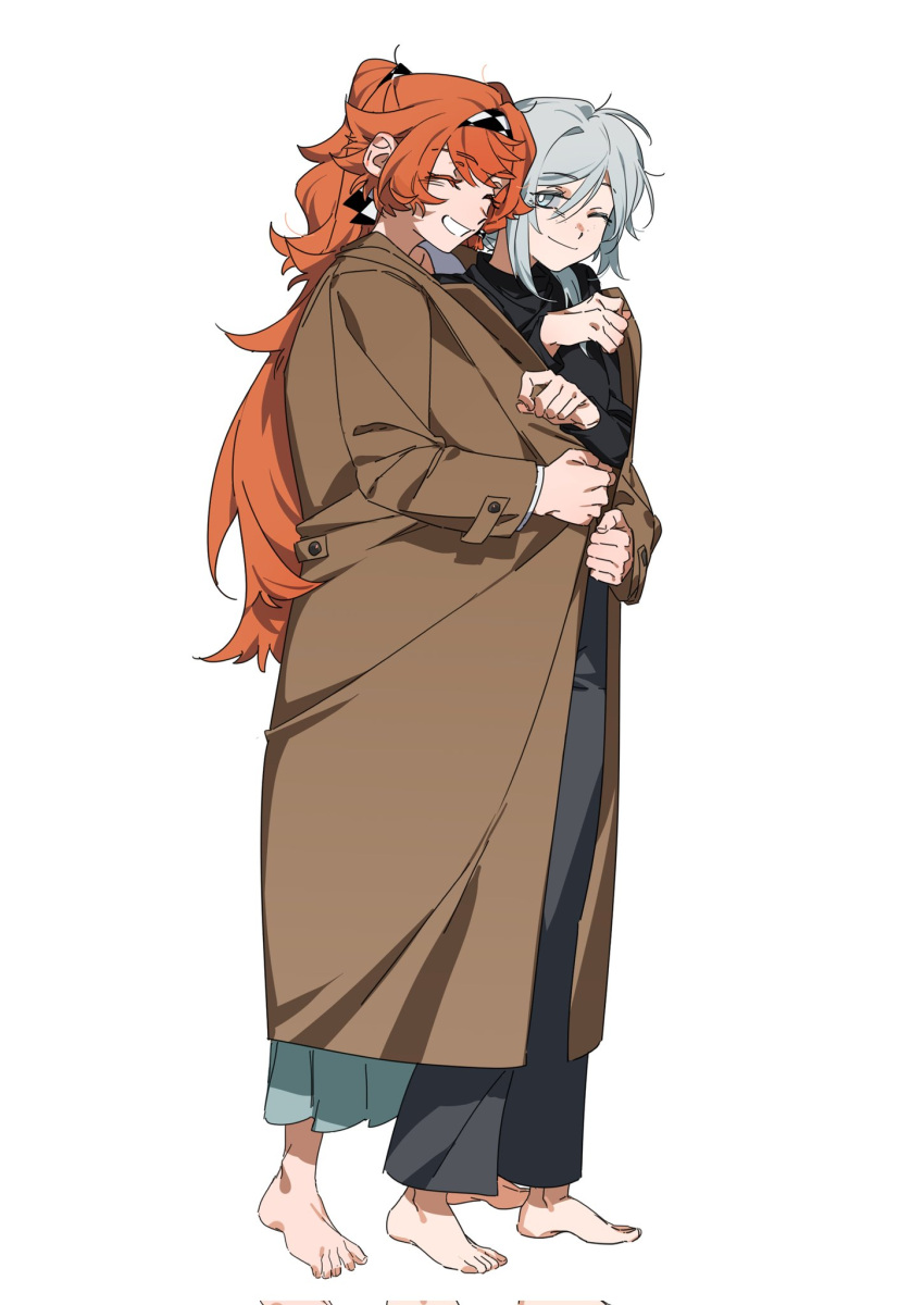 2girls barefoot black_pants black_shirt bright_pupils brown_coat checkered_hairband closed_eyes closed_mouth coat commentary freckles grey_eyes grey_hair highres hug hug_from_behind long_hair long_sleeves molu_stranger multiple_girls one_eye_closed orange_hair pants reverse:1999 shared_clothes shared_coat shirt simple_background smile sonetto_(reverse:1999) toes two_side_up vertin_(reverse:1999) white_background white_pupils yuri