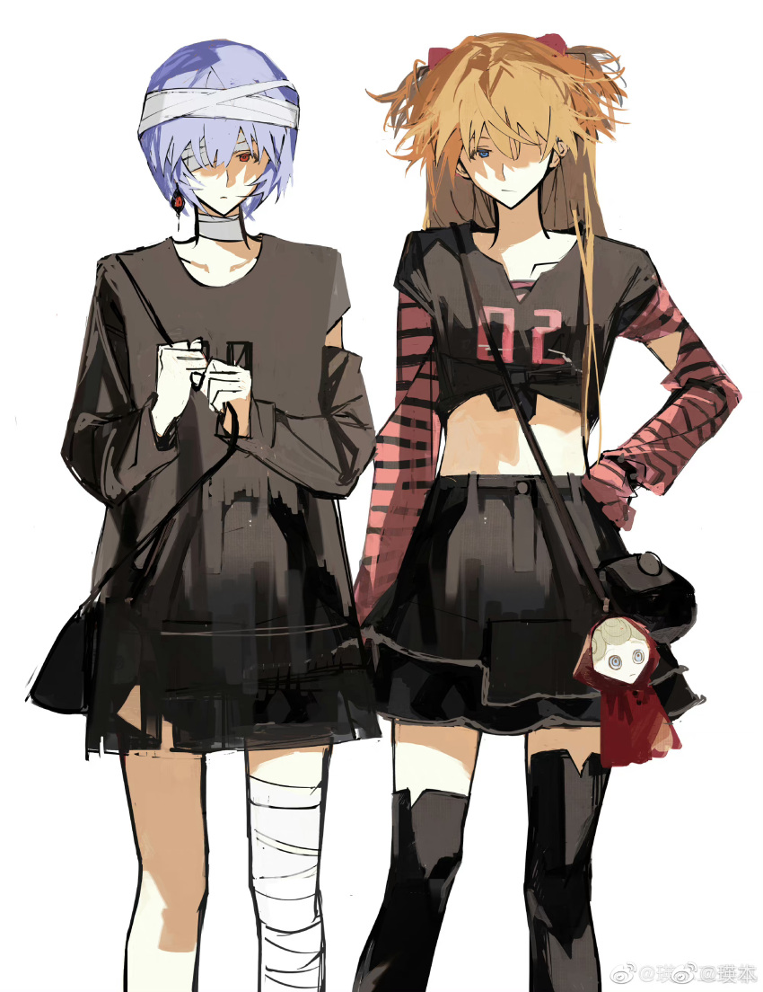 2girls absurdres ayanami_rei bandage_over_one_eye bandaged_head bandaged_leg bandaged_neck bandages black_shirt black_skirt blue_eyes blue_hair chinese_commentary closed_mouth detached_sleeves doll drop_earrings earrings hair_ornament hair_over_one_eye hand_on_own_hip highres jewelry long_hair long_sleeves looking_at_viewer multiple_girls neon_genesis_evangelion number_print one_eye_covered orange_hair pink_sleeves red_eyes shealy shirt short_hair simple_background single_detached_sleeve single_earring skirt souryuu_asuka_langley striped_sleeves weibo_logo weibo_username white_background