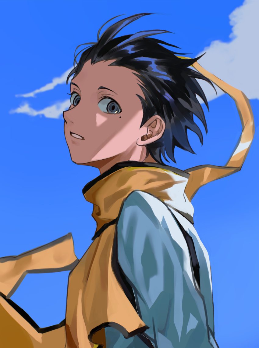 1boy absurdres arms_at_sides black_hair blue_sky clouds cloudy_sky commentary floating_scarf grey_eyes hair_slicked_back highres joowon_(jju_oon) looking_at_viewer looking_back male_focus mochizuki_ryouji mole mole_under_eye parted_lips persona persona_3 scarf shirt short_hair sky solo upper_body white_shirt yellow_scarf