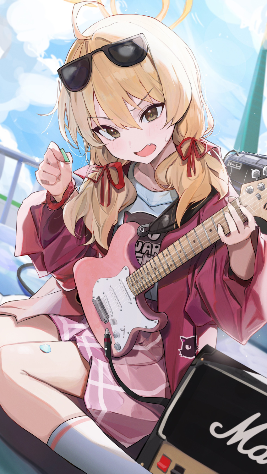1girl absurdres amplifier blanc_(whit_blanc) blonde_hair blue_archive blue_sky brown_eyes clouds cloudy_sky commentary electric_guitar eyewear_on_head fang guitar hair_between_eyes hair_ribbon halo highres holding holding_plectrum instrument jacket looking_at_viewer low_twintails music official_alternate_costume official_alternate_hairstyle open_clothes open_jacket open_mouth orange_halo outdoors pink_skirt playing_instrument plectrum red_jacket red_ribbon ribbon shirt sitting skirt sky socks solo sunglasses sweat twintails v-shaped_eyebrows wariza white_shirt white_socks yoshimi_(blue_archive)