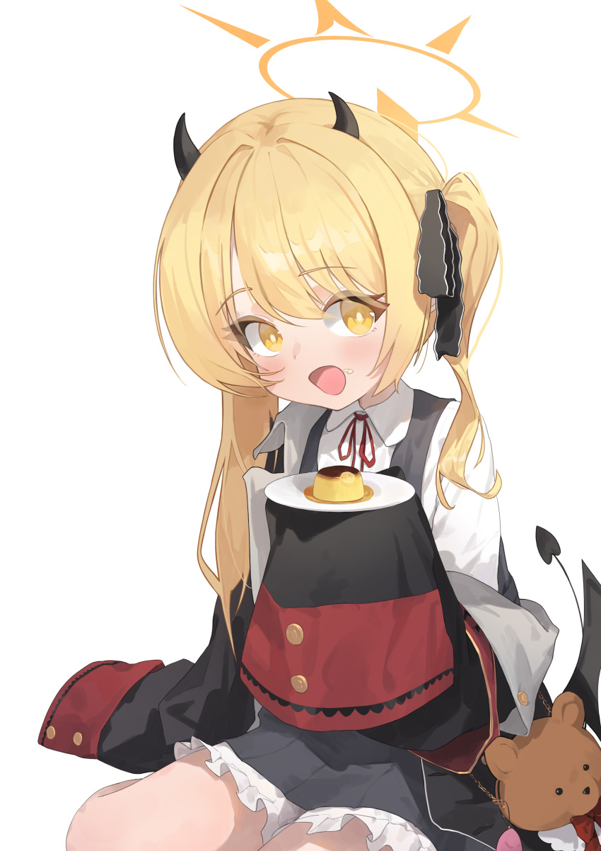 1girl absurdres black_coat black_dress black_horns black_tail black_wings blonde_hair blue_archive blush coat collared_shirt demon_horns demon_tail demon_wings dress food food_on_face frilled_dress frills halo highres horns ibuki_(blue_archive) long_hair open_mouth pinafore_dress pudding riok_hh shirt side_ponytail simple_background sleeveless sleeveless_dress sleeves_past_fingers sleeves_past_wrists smile solo tail white_background white_shirt wings yellow_eyes yellow_halo