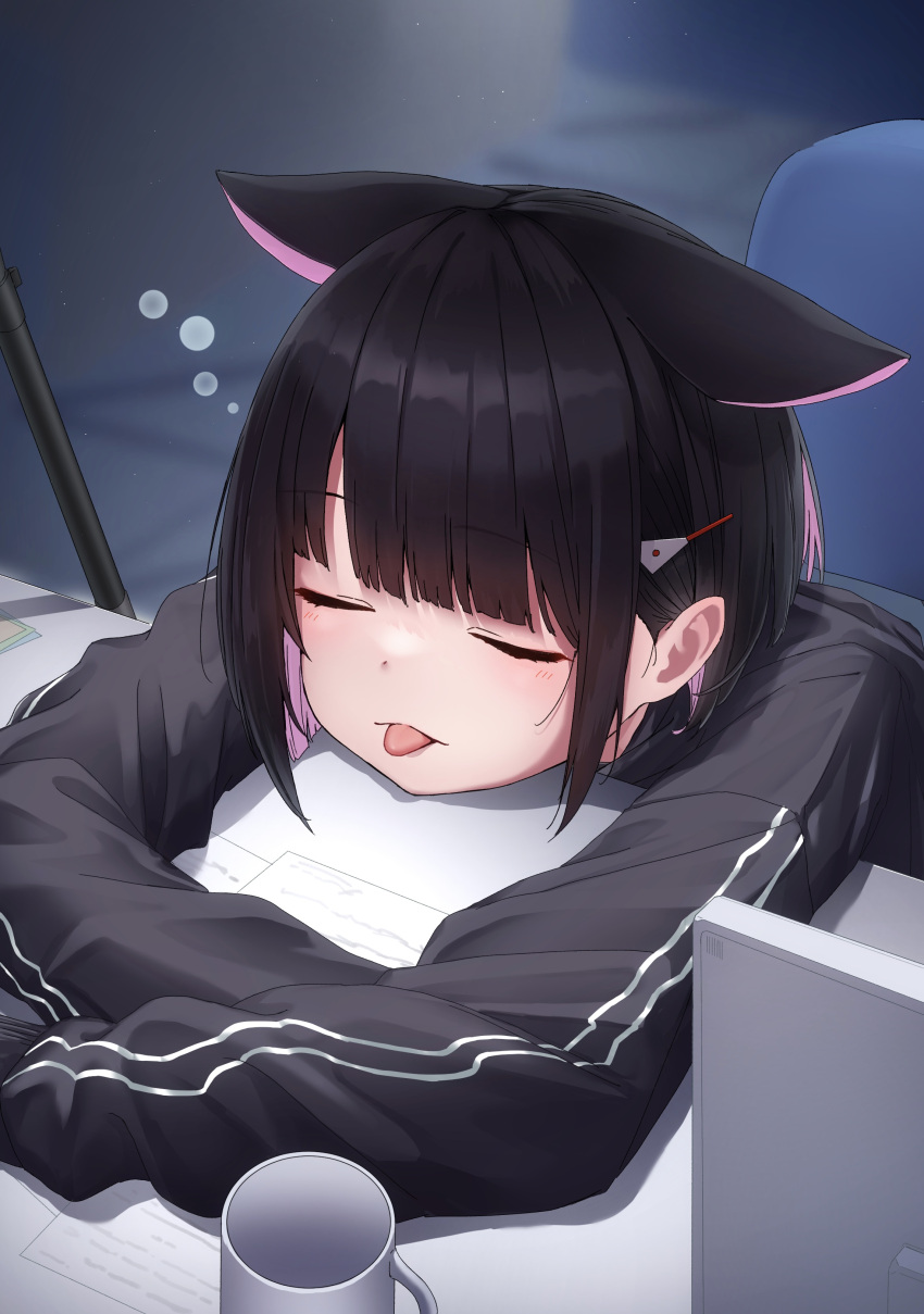 1girl absurdres animal_ears black_hair black_jacket blue_archive blush cat_ears closed_eyes colored_inner_hair cup extra_ears hair_ornament hairclip highres hood hood_down hooded_jacket jacket kazusa_(blue_archive) long_sleeves mogurii multicolored_hair pink_hair short_hair sleeping solo tongue tongue_out