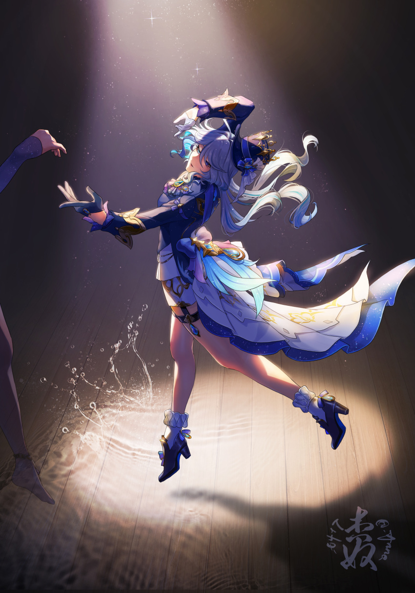 2girls absurdres anne_(anne_0417) arms_up ascot asymmetrical_gloves bare_legs blue_ascot blue_brooch blue_eyes blue_hair blue_headwear blue_jacket brooch cowlick dancing floating_hair focalors_(genshin_impact) full_body furina_(genshin_impact) genshin_impact gloves half-closed_eyes half_gloves hat heterochromia highres jacket jewelry light_smile long_hair long_sleeves looking_to_the_side mismatched_gloves mixed-language_commentary multicolored_hair multiple_girls parted_lips shoes shorts socks solo_focus splashing stage_lights top_hat water white_hair white_shorts wooden_floor