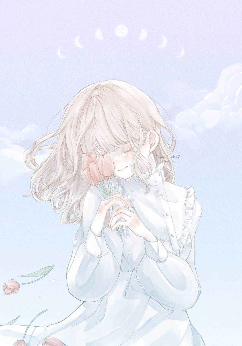 1girl artist_name blonde_hair buttons closed_eyes closed_mouth clouds covering_one_eye crescent dress facing_viewer falling_flower flower frilled_shirt_collar frills head_tilt highres holding holding_flower kitazawa_yuri long_hair long_sleeves moon moon_phases original red_flower red_tulip sky solo tearing_up tulip twitter_username upper_body watermark white_dress