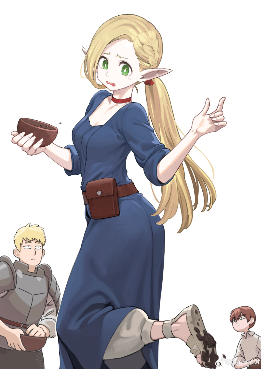 1girl 2boys absurdres armor blonde_hair blue_robe bowl brown_hair chilchuck_tims choker closed_mouth collared_shirt dungeon_meshi elf frown green_eyes highres holding holding_bowl jun_(navigavi) laios_thorden long_hair long_sleeves looking_at_another marcille_donato multiple_boys open_mouth pointy_ears ponytail red_choker robe shirt shoulder_armor simple_background tearing_up teeth upper_teeth_only white_background white_shirt