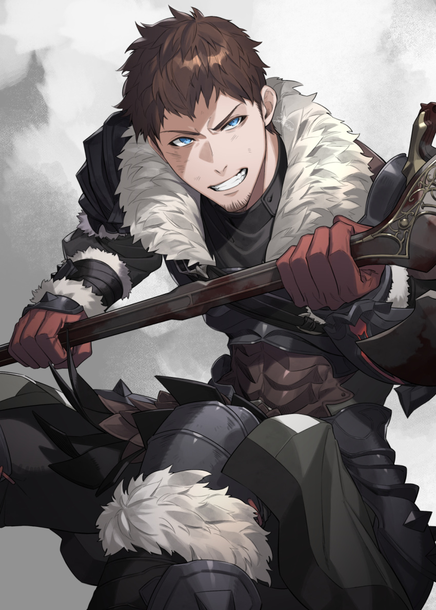 1boy ardbert_hylfyst armor axe blood blood_on_weapon blue_eyes boots brown_hair coat feet_out_of_frame final_fantasy final_fantasy_xiv fur-trimmed_boots fur-trimmed_coat fur_trim glaring gloves grin hand_guard highres holding holding_axe looking_at_another open_mouth red_gloves samei_ikusa scratches short_hair shoulder_armor shoulder_pads simple_background smile solo teeth weapon wristband