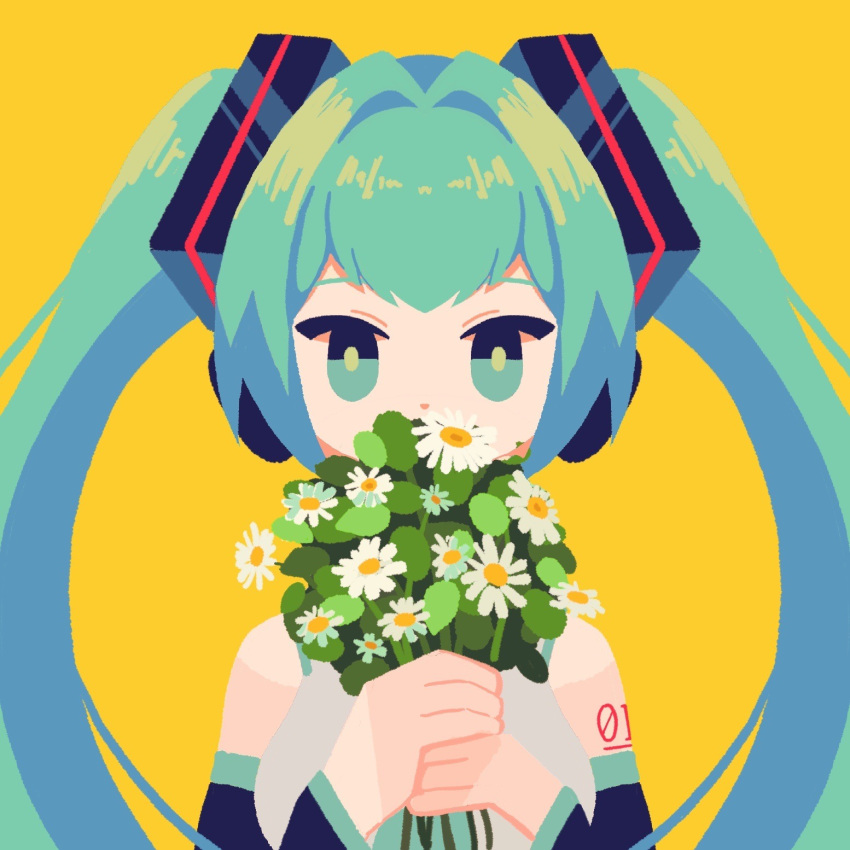 1girl aqua_eyes aqua_hair aqua_necktie bare_shoulders black_sleeves bouquet breasts commentary detached_sleeves flat_color flower grey_shirt hatsune_miku headphones highres holding holding_bouquet holding_flower large_breasts long_hair looking_at_viewer misoni_(mi-soni) necktie number_tattoo pov shirt sidelocks simple_background solo symbol-only_commentary tattoo twintails very_long_hair vocaloid white_flower yellow_background