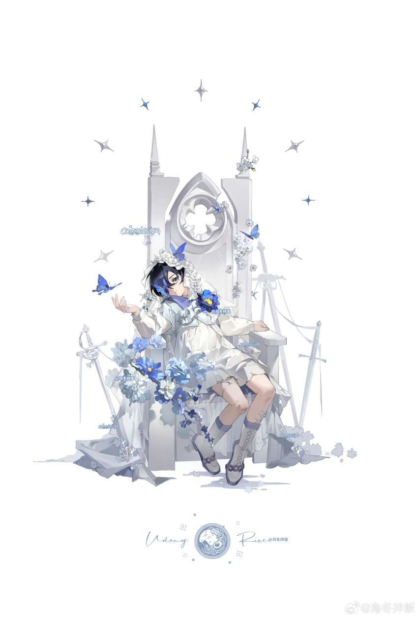 1girl absurdres arch artist_logo artist_name black_hair blue_butterfly blue_eyes blue_flower bone boots branch bug butterfly chair chinese_commentary closed_mouth commission diamond_(shape) dress flower hair_over_one_eye head_tilt headdress highres long_sleeves looking_at_viewer original planted planted_sword short_hair simple_background sitting solo sword thigh_strap udong_rice watermark weapon weibo_logo weibo_username white_background white_dress white_flower