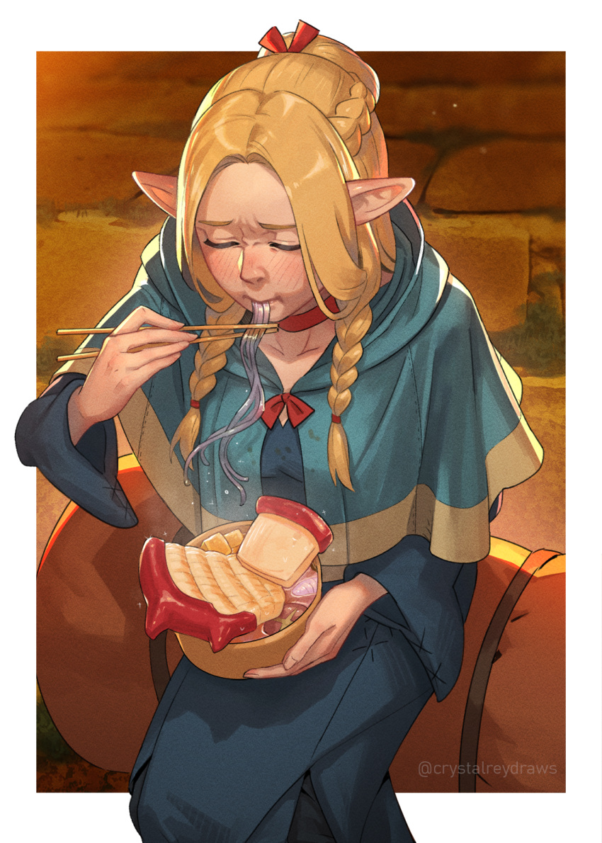 1girl blue_capelet blue_robe bowl braid capelet chopsticks closed_eyes commentary crystalreydraws dungeon_meshi eating elf food highres holding holding_bowl holding_chopsticks light_blush marcille_donato multiple_braids noodles pointy_ears robe sitting solo twitter_username