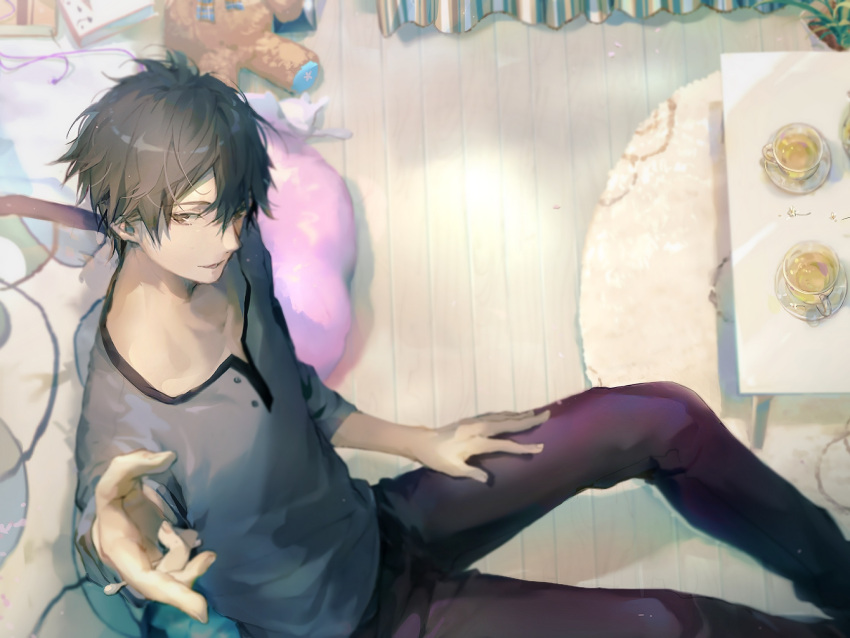 1boy album_cover aqua_alta_mimikaki bed black_pants brown_eyes brown_hair cover cup feet_out_of_frame from_above grey_shirt highres indoors mimikaki official_art pants rug shirt sitting solo stuffed_animal stuffed_toy teacup teddy_bear wooden_floor