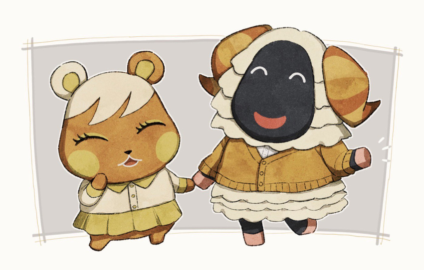 2girls :d ^_^ animal_crossing border brown_cardigan brown_horns buttons cardigan closed_eyes collared_shirt commentary_request curled_horns eyelashes furry furry_female grey_background hamster_girl hand_up holding_hands horns kaji_(oni_atat) long_sleeves multiple_girls notice_lines open_mouth outside_border pleated_skirt sheep_girl shirt short_hair simple_background skirt smile soleil_(animal_crossing) swept_bangs vesta_(animal_crossing) white_border white_hair white_shirt yellow_skirt