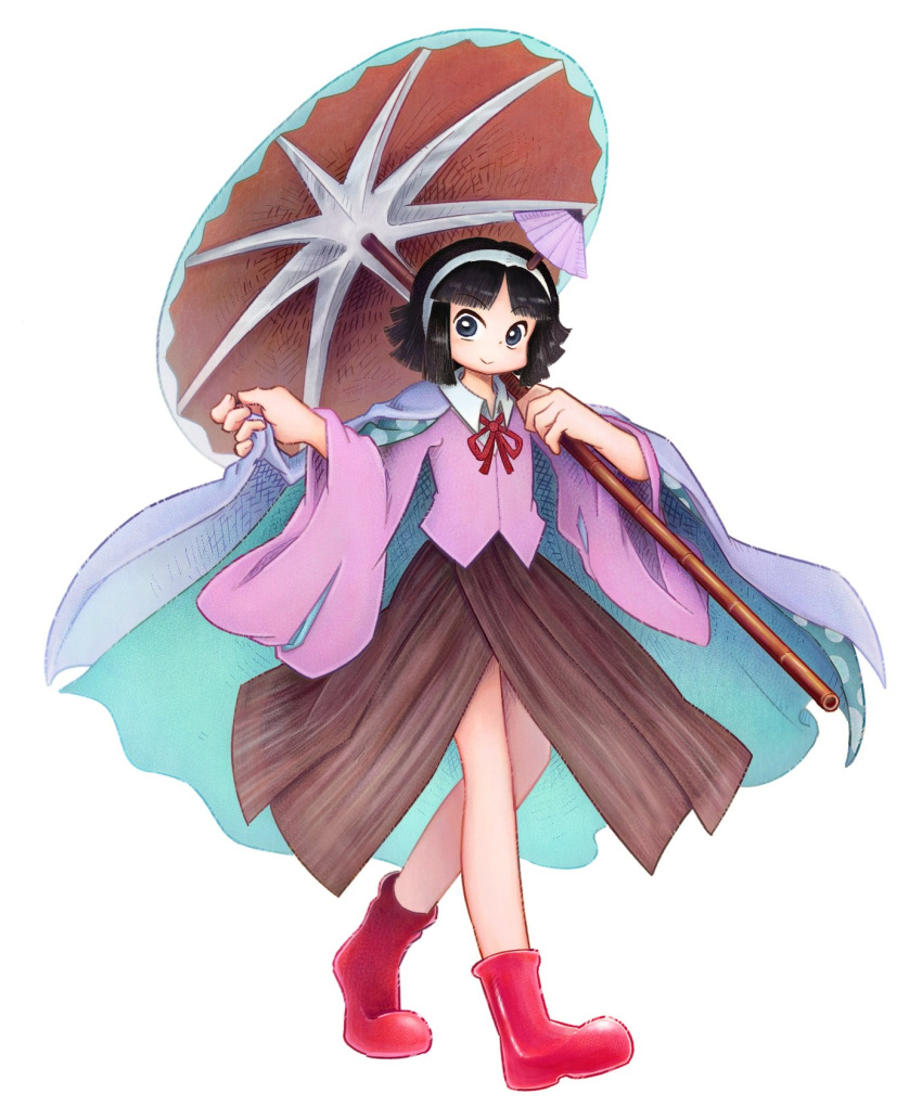 1other amanomiya_jun androgynous aqua_cape bare_legs black_eyes black_hair blunt_bangs blunt_ends boots bow bowtie brown_skirt cape cape_hold chikafumikou closed_mouth collared_shirt commentary_request earthen_miraculous_sword full_body hairband hakama hakama_skirt highres holding holding_umbrella japanese_clothes len'en long_sleeves looking_at_viewer oil-paper_umbrella other_focus parted_bangs pink_shirt pink_sleeves polka_dot_capelet red_bow red_bowtie red_footwear red_umbrella rubber_boots shirt short_hair simple_background skirt smile solo two-sided_cape two-sided_fabric umbrella umbrella_hair_ornament white_background white_cape white_hairband white_undershirt wide_sleeves