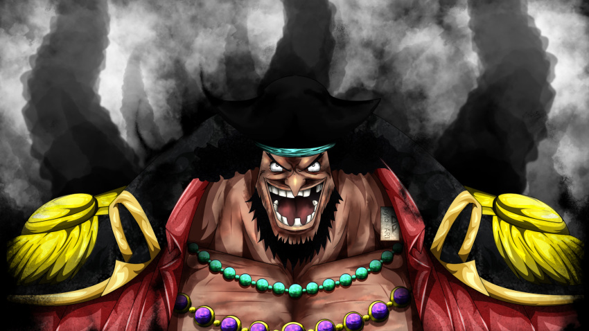 1boy artist_name beard black_hair coat collarbone commentary english_commentary epaulettes facial_hair hat highres jayto91 long_hair male_focus marshall_d._teach missing_tooth one_piece open_clothes open_mouth pirate_hat smile solo teeth v-shaped_eyebrows