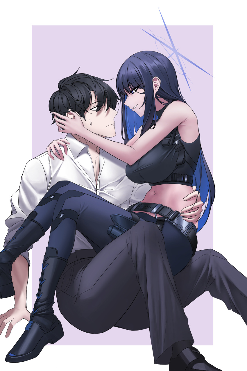 1boy 1girl absurdres black_hair blue_archive blue_eyes blue_hair blue_halo border couple crop_top halo highres holding_another's_head long_hair midriff navel purple_background saori_(blue_archive) sensei_(blue_archive) shirt short_hair sitting sitting_on_lap sitting_on_person white_border white_shirt