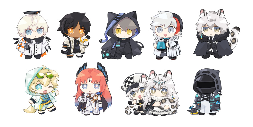 1other 2girls 6+boys absurdres animal_ear_fluff animal_ears arknights bag black_cape black_coat black_hair black_pants blonde_hair blue_eyes blue_shirt bright_pupils brother_and_sister brown_hair cabbie_hat cape cat_boy cat_ears chibi christine_(arknights) cliffheart_(arknights) closed_mouth coat commentary_request cup dark-skinned_male dark_skin doctor_(arknights) dog_boy dog_ears dog_tail electric_kettle elysium_(arknights) executor_(arknights) facial_mark feather_hair frown fur-trimmed_coat fur_trim gradient_hair grey_eyes grey_hair halo hat head_chain highres holding holding_cup holding_kettle holding_own_tail holding_test_tube hood hood_up hooded_coat id_card jewelry kettle leopard_boy leopard_ears leopard_tail looking_at_viewer mask multicolored_hair multiple_boys multiple_girls necklace one_eye_closed open_mouth orange_eyes orange_hair originium_slug_(arknights) pants parted_bangs phantom_(arknights) pramanix_(arknights) purple_hair redhead shirt short_hair siblings silverash_(arknights) simple_background sisters smile soppos tail tequila_(arknights) test_tube thorns_(arknights) violet_eyes white_background white_coat white_hair white_headwear white_pupils wings