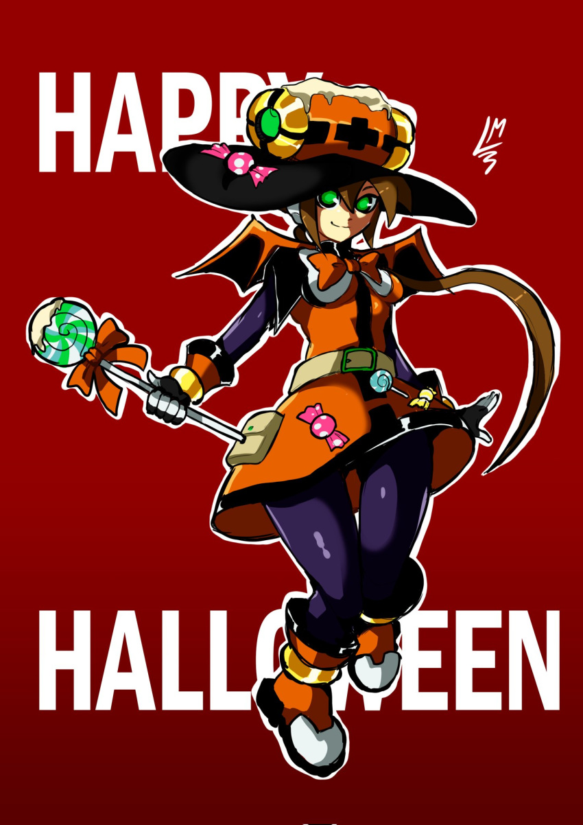 1girl aile_(mega_man_zx) black_bodysuit bodysuit brown_hair candy dress food green_eyes halloween_costume highres holding holding_candy holding_food lautricius long_hair mega_man_(series) mega_man_x_(series) mega_man_x_dive mega_man_zx mega_man_zx_advent orange_dress ponytail red_background signature simple_background solo wings witch