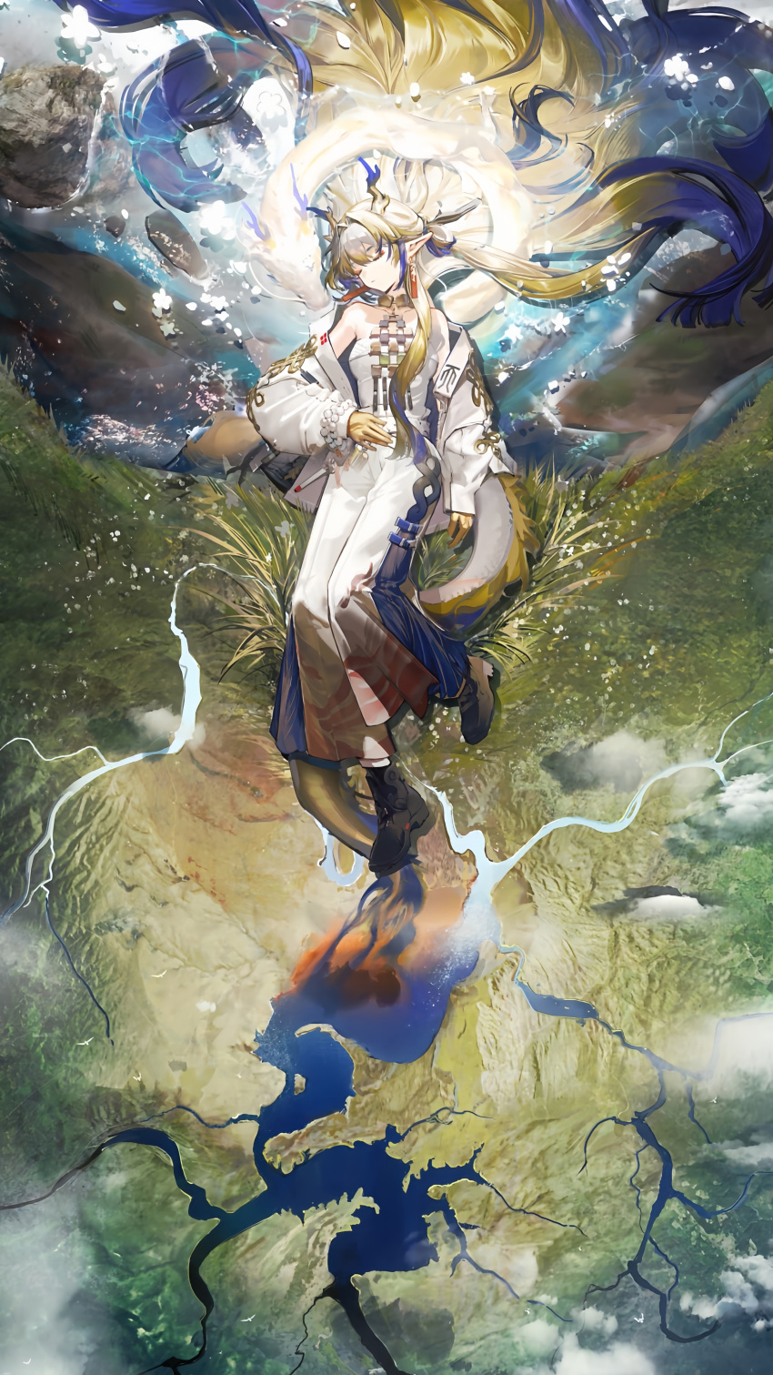 1girl absurdres arknights closed_eyes earrings field full_body highres horns jacket jewelry lake long_hair multicolored_hair official_art pointy_ears shirt shu_(arknights) solo white_jacket white_shirt