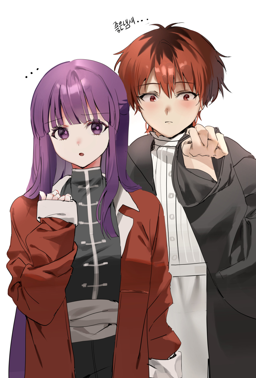 ... 1boy 1girl :o absurdres black_hair black_robe blush cosplay costume_switch dress educk fern_(sousou_no_frieren) highres jacket multicolored_hair purple_hair red_eyes red_jacket redhead robe roots_(hair) simple_background smelling smelling_clothes sousou_no_frieren stark_(sousou_no_frieren) violet_eyes white_background white_dress