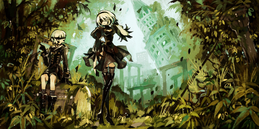 1boy 1girl 2b_(nier:automata) 9s_(nier:automata) absurdres asterfield_(meiar) black_blindfold black_dress black_footwear black_gloves black_hairband black_jacket black_shorts black_socks black_thighhighs blindfold boots breasts buttons choker clothing_cutout covered_eyes double-breasted dress full_body gloves hairband highres jacket juliet_sleeves long_sleeves nier:automata nier_(series) overgrown post-apocalypse puffy_sleeves short_hair shorts sitting_on_log socks standing thigh-highs thigh_boots white_hair
