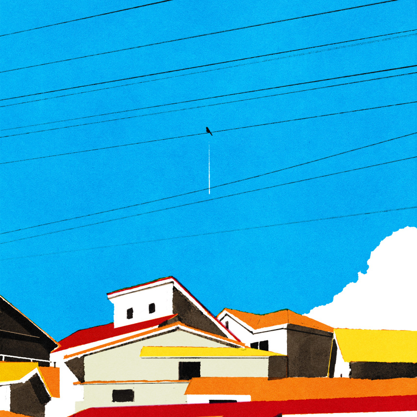 bird blue_sky building clouds commentary day highres house iida_kento no_humans original outdoors perching poop power_lines rooftop scenery silhouette sky symbol-only_commentary window